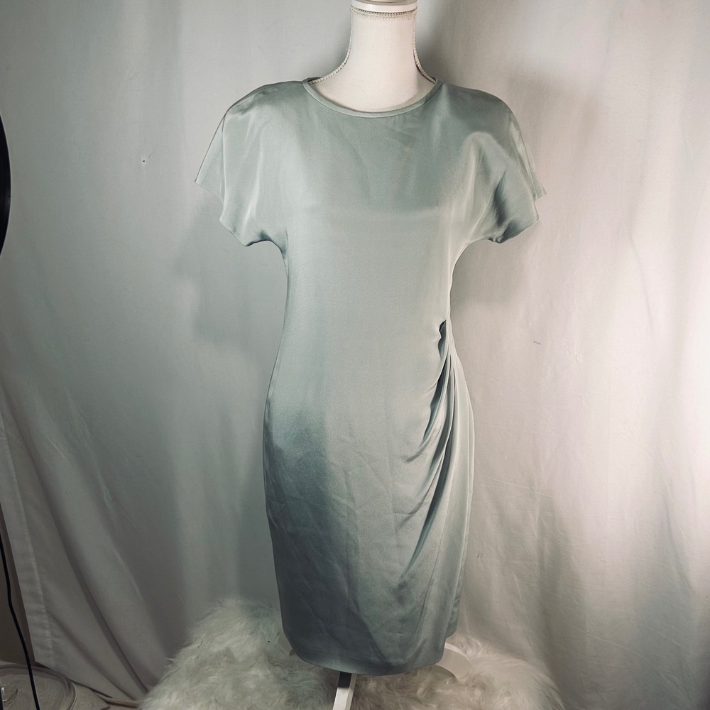 Linda Allard Ellen Tracy Silk Sheath Dress Sage Green Side Drape Size‎ 2